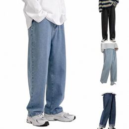 men Jeans Wide Leg Straight Loose Full Length Solid Colour Pockets Butt Zipper Closure Soft Retro Streetwear Men Lg Pants I3rB#