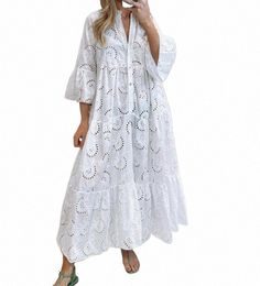 dres for Dres Spring Summer Shirt Dr 2023 White dres V-Neck Flared Sleeves Lace Hollow Solid Color Sexy Lg f8w2#