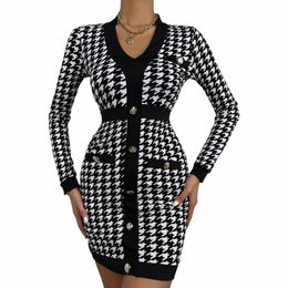 womens Dres Elegant Casual Butt Houndstooth V Neck Lg Sleeve Fi Mini Dr r1pn#