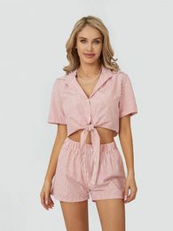 Home Clothing Womens Button Down Pyjamas Set Stripe Front Tie Knot Short Sleeve Shirts And Shorts Sleepwear Sets 2 Piece Loungewear