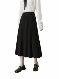 fsle Elegant Pit Strip Knitted Mid-length Skirt Women Autumn Winter 2022 Simple Office Lady Solid Colour High Waist A-line Skirt A0sk#