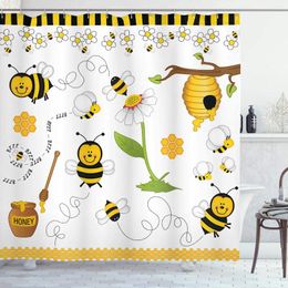 Shower Curtains Collage Curtain Flying Bees Daisies Honey Chamomile Flowers Springtime Animal Print Cloth Fabric Bathroom Dec