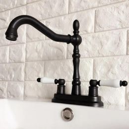 Bathroom Sink Faucets Black Oil Rubbed Bronze 4" Centerset Faucet Swivel Basin Mixer Tap Dual Ceramic Handles Levers Mhg076