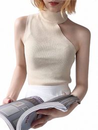 knitted Sweater Off Shoulder Pullovers Sweater for Women Sleevel Turtleneck Female Jumper Black White Beige Sexy Clothing r3X1#