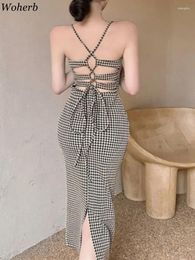 Casual Dresses Summer Houndstooth Women Temperament Dress Vintage Slim Waist Sleeveless Female Midi Party Backless Bandage Vestidos