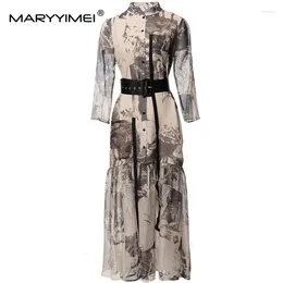 Casual Dresses MARYYIMEI Fashion Designer Women's Stand-Up Collar Printed Vintage Single-Breasted Belt Pocket Breathable Long Maxi Dress