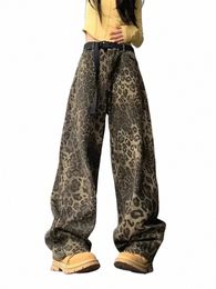 oiinaa Leopard Jeans for Women Denim Pants High Waisted Jeans Streetwear American Retro Baggy Jeans Y2k Loose Cargo Trousers C02P#