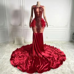 2024 Plus Size Prom Dresses for Black Women Girls Promdress Red Feathered Illusion Evening Formal Dress Rhinestones Decorated Birthday Gowns for Occasions NL672