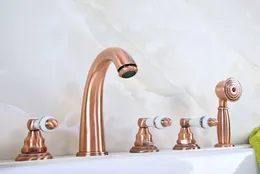 Bathroom Sink Faucets Antique Red Copper Brass Deck 5 Holes Bathtub Mixer Faucet Handheld Shower Widespread Set Basin Water Tap Atf234