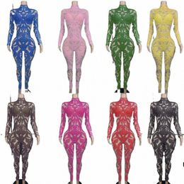 11 Colors Full Rhinestes Pearls Jumpsuit Sexy Perspective Gogo Dancer Costume Women Party Festival Outfits Ds Dj Wear XS7473 Z0hS#