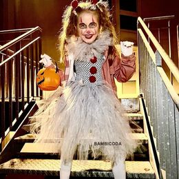 Gray Clown Tutu Dress for Girls Carnival Girl Joker Cosplay Tulle Outfit Children Party Scary Clothes Halloween Costume Kids 240318