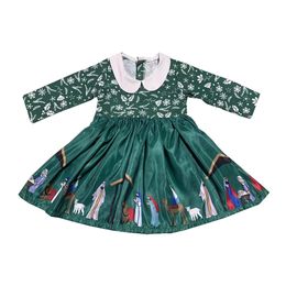 Cute girl long sleeve dress big skirt green pattern doll collar design over the knee 240326