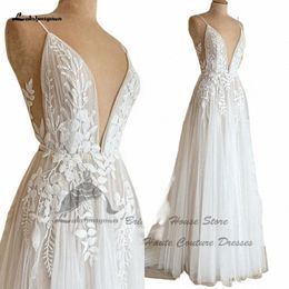 lakshmigown Bohemian Bridal Dr For Wedding 2024 Sukienki Plunging Champagne Tulle Lg Beach Wedding Dres Open Back G1Sj#