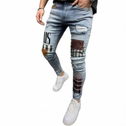 men Stretchy Ripped Skinny Biker Embroidery Carto Print Jeans Destroyed Hole Slim Fit Denim High Quality Hip Hop Black Jeans w0GN#