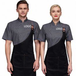 chef Uniform Work Uniform Men's Customised Name Printing Logo Short Sleeved Shirt Jacket Bread Restaurant Cake Shop Kitchen A8a8#