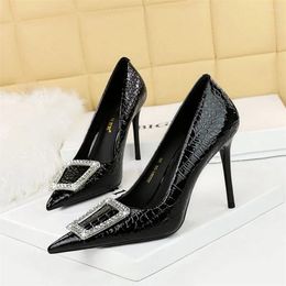 Dress Shoes Women's Slim Ultra-High Heels Shallow Mouthed Pointed Patent Leather Snake Pattern Rhinestone Buckle Single