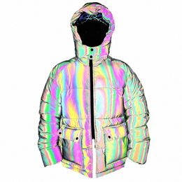 Colourful Reflective Men Thick Jackets 2020 Winter Lg Sleeve Hooded Parkas Hip Hop Punk Streetwear Coats Reflect Light Clothing C320#