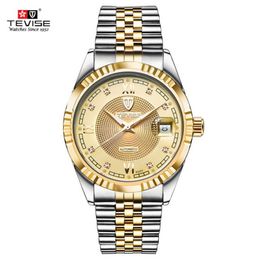 TEVISE Fashion Automatic Men Watch Luminous Mechanical Watches Gold Dial Skeleton Men Watch Business Men's Wristwatches257B