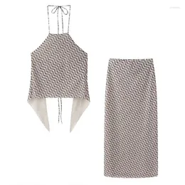 Work Dresses Summer Women's Backless Print Hanging Neck Tie Top 2024 Casual High Waist Halter Sexy Elegant Long Skirt