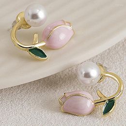 Stud Earrings Romantic Pink Tulip Women French Pearl Earring Banquet Cute Earings Temperament Elegant Fashion Jewellery Gift