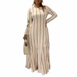 plus Size Semi Formal Maxi Dres Elegant White Striped Fall Winter Lg Sleeve Cott Maxi Dres N4fX#