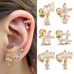 Stud Earrings One Piece Zirconia Geometric Forest Style Fresh Flowers Piercing Screw For Women Girls Fashion Jewelry In Autumn