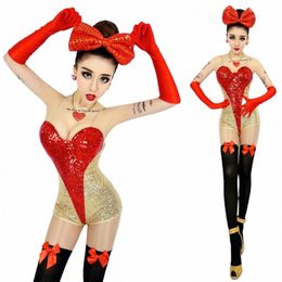 new nightclub bar DS performance clothes DJ stage clothes Female singer lead dance clothes Red sequins splicing jumpsuit Set p6NC#