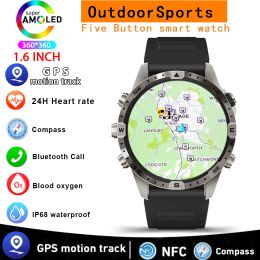 Outdoors Compass Smart Watch Men GPS Tracker 5keys 1.6 Inch AMOLED 360 360 HD Screen Bluetooth Call SmartWatch For Android IOS