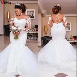 Beading Mermaid Dresses Long Sleeve Appliques Pearls African Wedding Gowns Plus Size Bridal Vestido De Noiva Bce