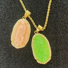 Halsketten Neue Öl Jade Jungfrau Maria Anhänger Halsketten Für Frauen männer Gold farbe Dame von Guadalupe Halsketten strass Schmuck