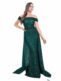 modest Navy Blue Off the Shoulder Bridesmaids Dr Sequin with Detachable Train Mermaid Evening Party Cocktail Prom Gown q3F3#