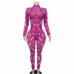 rose Red Full Rhineste Jumpsuits For Women Dance Drag Queen Costume Stretch Pole Clubwear Las Vegas Showgirl One Piece Bodyc 02Uz#
