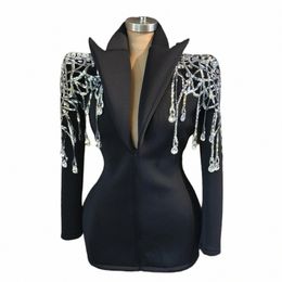 sier Crystal Tassel Sequins Mini Dr Women Evening Birthday Celebrate Jacket Outfit Women Dance Party Costume Xizhuang r528#