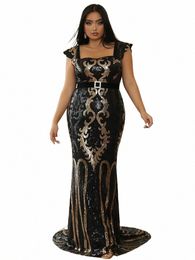 missord Black Sequin Plus Size Evening Dres Elegant Women Square Collar Sleevel Bodyc Maxi Mermaid Party Prom Dr Gown S5g7#