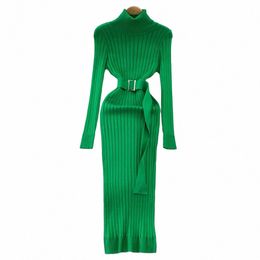 yuoomuoo Ins Hot Turtleneck Sexy Wrap Hips Knitted Dres Women 2023 Autumn Winter Lg Sleeve Bodyc Sweater Dr with Belt L0rc#