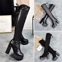 Boots Square Chunky Block High Heels Riding Boots Women Slip On Thick Platform Rock Punk Botas Mujer Over the Knee High Boots Shoes