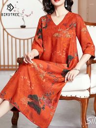 Casual Dresses BirdTree Real Silk XiangYunSha Women V-Neck Plus Size Pocket Retro Slim Elegant A-line Dress 2024 Spring D42301QD