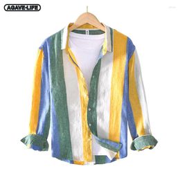 Men's Casual Shirts Pure Linen Striped Shirt Long-sleeved Tops Loose Youth Male Thin Soft Men Clothing Fashion Comfortable