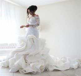 Plus Size Mermaid Wedding Dresses 2019 Long Sleeve Lace Applique Cascading Ruffles Bridal Gowns with Court Train Vintage Wedding D9968083