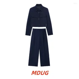 Women's Two Piece Pants MDUG 2024 Spring/Summer French Clamshell Cropped Bomber Jacket Pant Set