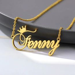 Custom Name Necklace for Women Personalised Crown Cursive Font Gold Stainless Steel Letter Pendant Choker Jewellery Birthday Gifts 240321