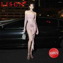 Casual Dresses 10 Bulk Items Wholesale Lots Women Fall 2024 Sexy Y2k Strapless Mesh Patchwork Falbala Mini Dress With Gloves K12487