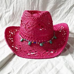 Rose Red Cowboy Straw Hat Western Sun Spring Knight Unisex Jazz Summer Wide brimmed sombrero hombre 240326