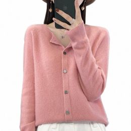 new ladies in autumn and winter 100% merino wool cardigan ladies O-neck lg sleeve solid Colour knitted m cmere cardigan Y0Yg#