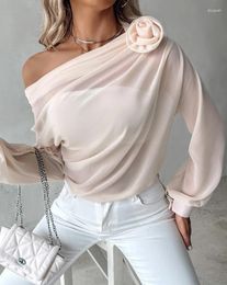 Women's Blouses Elegant Women Autumn Fashion Daily Solid Color Rose Detail Ruched Skew Neck Long Sleeve Loose Fit Sheer Chiffon Top
