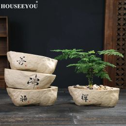 Planters Nonporous Hydroponic Plant Flowerpot Creative Retro Stoneware Copper Money Grass Green Flower Handwritten Ceramic Bonsai