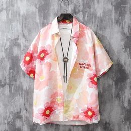 Men's Casual Shirts Summer Daisy Pink Printed Short-sleeved Shirt Couples Thin Loose High Street Beach Men Tops Male Clothes