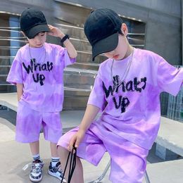 2023 Boy Summer Quick dry Suit Children Streetwear whats up Short Sleeve TShirt Shorts Two piece Sports Set Loose Outfits 240318