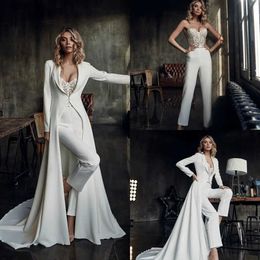 Urban Sexy Dresses Boho Wedding Jumpsuits Lace Long Jacket With Train Appliqued Sweetheart Bridal Pants Suit Custom Made Beach Robe De Mariee yq240329