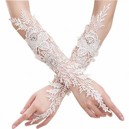 crystal Women's Wedding Gloves Fingerl Elbow Bridal Gloves Floral Ivory Lg Gloves Wedding Accory for Bride e3ks#